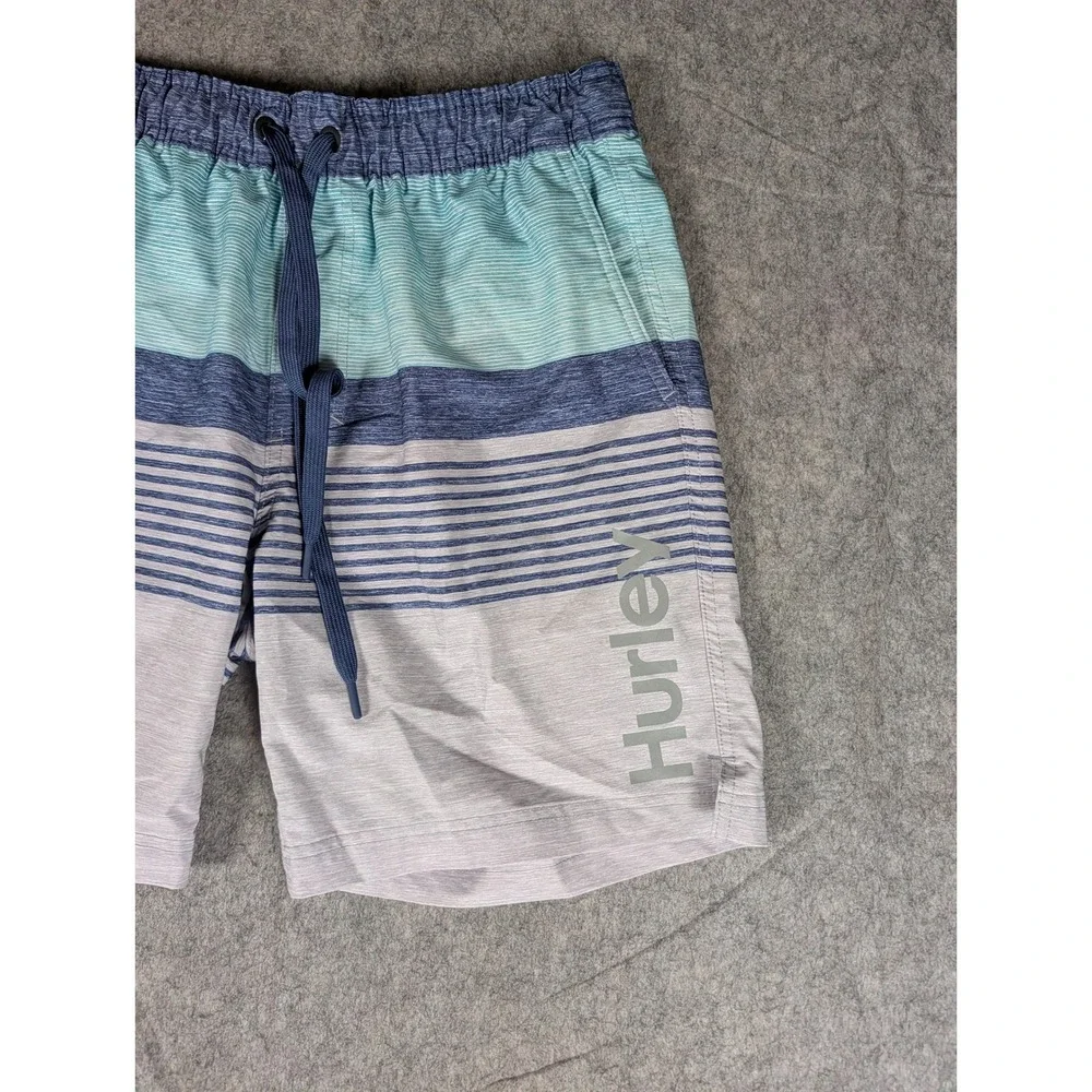 Hurley Mens Striped Board Shorts Blue Grey Elastic Waist Swim Trunks L
